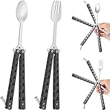 Flutesan 2 Pcs Butterfly Fork and Spoon Set, Tactical Butterfly Spoon Folding Stainless Steel Spork Utensil Set Balisong Trainer for Travel Camping Hunting BBQ Kitchen(Black)