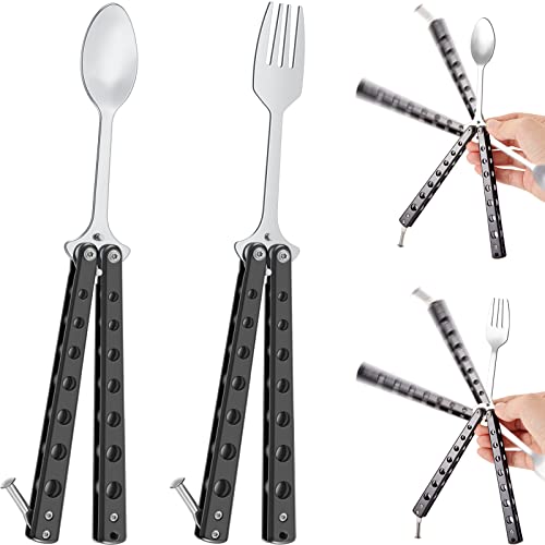 2 Pcs Butterfly Fork and Spoon Set, Tactical Butterfly Spoon Folding Stainless Steel Butterfly Fork for Travel Camping Hunting BBQ Kitchen (Black)