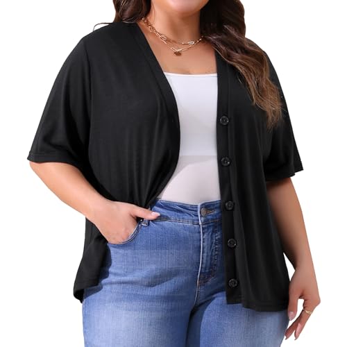 Image of Agnes Orinda Plus Size Cardigan for Women Button Down Sheer Round Neck Short Sleeve Knitted Sweater