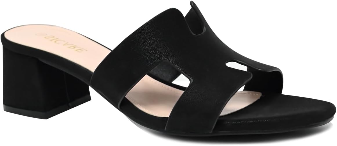 Square Open Toe Strappy Heels Sandals Low Block Chunky Heeled Sandals Slip On Slide Mules Sandals Comfortable Casual Black White Tan Dress Sandals for Women, Black, Size 8 - Image 2