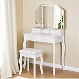 HVCBOSS Makeup Vanity Desk with Tri-Fold LED Mirror, 4 Drawers & Shelves, Adjustable Lights, Built-in Power Strip with USB Ports, Stylish Dressing Table with Stool, Compact Vanity Set for Bedroom