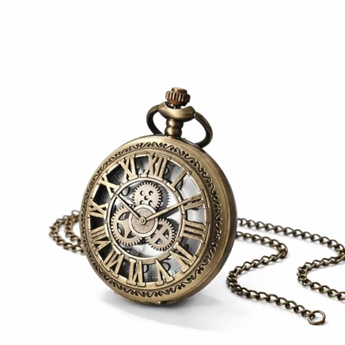 Saat, Vintage Antika Tasarım Dişli Roma Rakamlı Bronz Kuvars Cep Köstekli