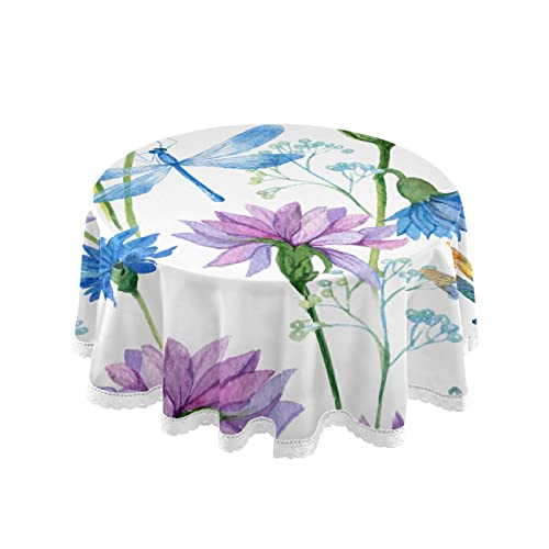 Xigua Beautiful Flower And Blue Dragonfly Round Tablecloth 60In,Table Cover Water Resistant Spill Proof Large Table Cover For Indoor & Outdoor Family Gathering Dinner, Hotel, Bbq #TOP26