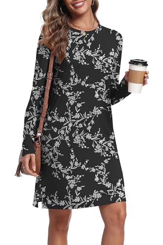 Women's Fall Casual Long Sleeve Crew Neck Dresses Fashion Outfits Cozy Swing with Pockets