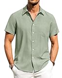 Alimens & Gentle Men's Linen Short Sleeve Shirts Green Regular Fit Casual Summer Beach Button Down Shirts with Pocket XL