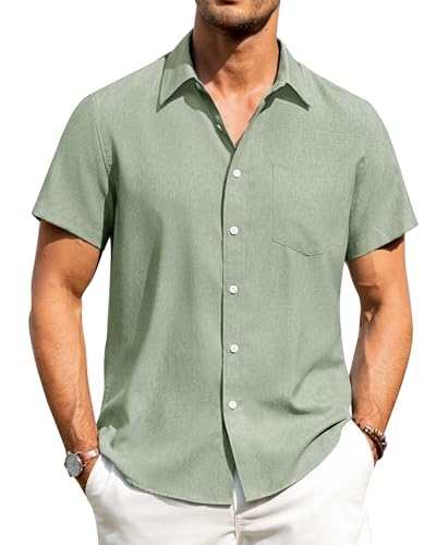 Image of Alimens & Gentle Men's Linen Short Sleeve Shirts Green Regular Fit Casual Summer Beach Button Down Shirts with Pocket XL