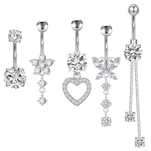 Set di 5 piercing da ombelico in argento, per ombelico, con ciondolo a farfalla, in acciaio inox, lungo da appendere, per uomo e donna, Rame