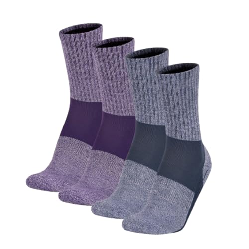 GM Apparel Ladies Women’s Trekking Socks with Cushioned Heel and Sole 2 pairs – Extra Padding and Comfort – (UK 4-7, Purple -Navy)