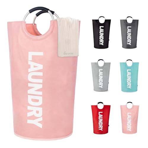 Image of Caroeas 90L Collapsible Laundry Basket, Waterproof Laundry Bag (8 Colors) for Baby, Large Washing Basket with Padded Handles Stands Up Well for Easy Storage, Pink