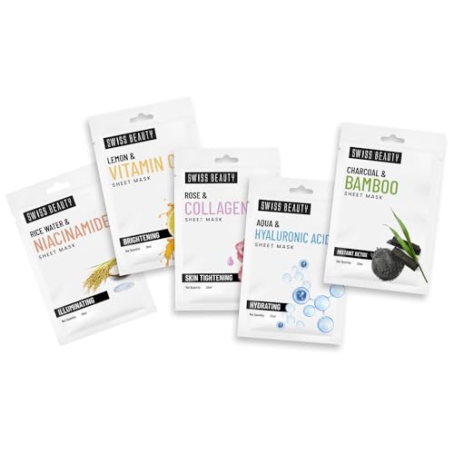 Image of Swiss Beauty Face Serum Sheet Mask for Intense Hydration | Combo Pack of 5, each 20 ml | For all skin types |