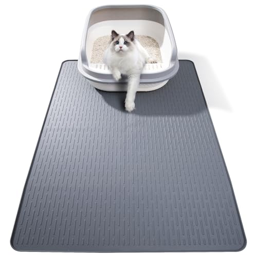 Silicone Cat Litter Mat, 28x20 in Waterproof Litter Box Mat Cats Feeding Mats with Raised Edges, Quick Clean Desig (Grey)