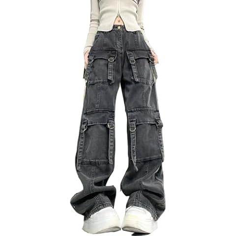 MEINVQIAOTI Multiple Pockets Black Cargo Pants Women Cyberpunk Streamer Street Dance Cargo Jeans for Women（Black，S） Cover