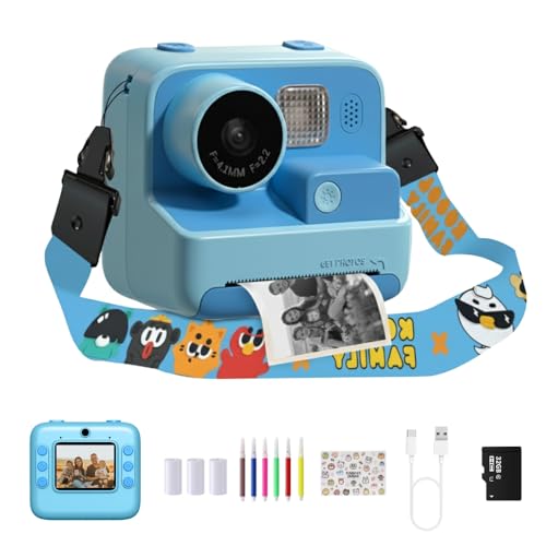Kids Kam The OG Instant Print Camera, 48MP Kids Digital Camera for Girls Boys Birthday with 32GB TF Card, 3 Rolls of Printing Paper, 6 Colour Pens (Blue)