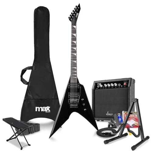 Max GigKit Beiginner Electric V Guitar Package with Amplifier, Stand, Footrest, Tuner, Strap, Bag & Strings Set - Black Max GigKit Beiginner Electric V Guitar Package with Amplifier, Stand, Footrest, Tuner, Strap, Bag & Strings Set - Black