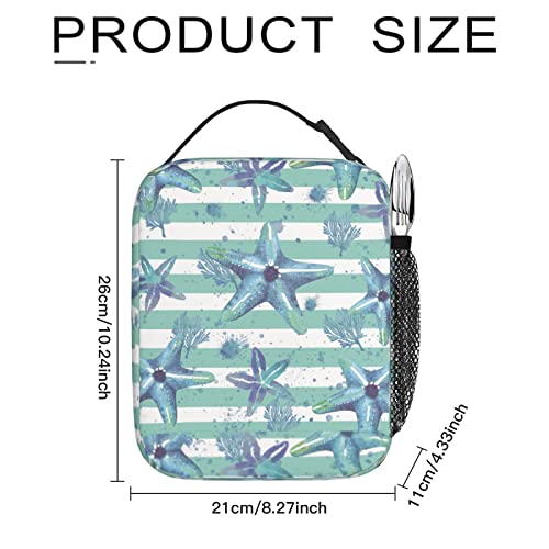Dacawin Sea Beach Starfish Lunch Box Summer Blue Stripes Insulated Lunch Bag Leakproof Cooler Lunchbox Reusable Tote Lunch Bags For Women Men Ladies Girls Work Picnic Camping #TOP6