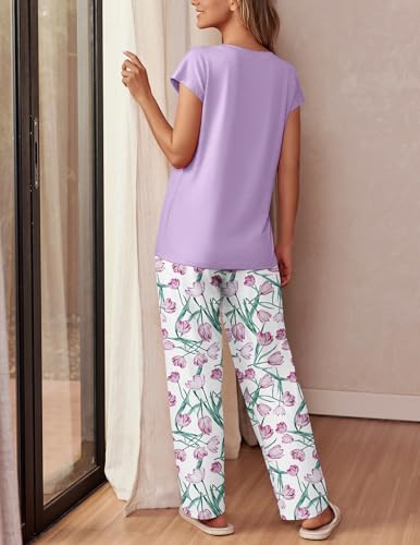 Image of Ekouaer Womens Pajama Sets Cap Sleeve Sleepwear Tops and Long Pants Comfy Pjs 2 Piece Lounge Set with Pockets S-XXL