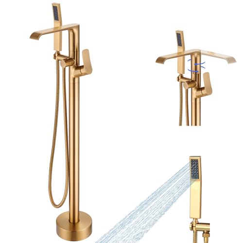 Bodenmontage Wannenarmatur Gold: freistehende Badewannenarmatur mit Handbrause – Goldwannenfüller Duscharmatur-Set 360 Grad schwenkbarer Wasserfallauslauf – Beelee