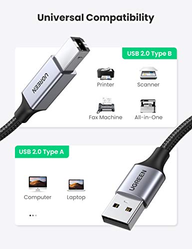 Image of UGREEN USB Printer Cable Braided Printing Cord Type A to B 2.0 Male Scanner Lead High Speed Compatible with Epson, Brother, HP, Lexmark, Dell, Xerox Printers, Piano, DAC 1M