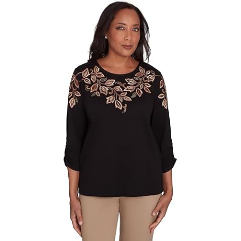 Alfred Dunner Rue Rivoli Embroidered Leaf Yolk Cotton/Poly Black Top (US, Alpha, Medium, Regular, Regular, Standard, Black) Cover