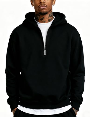 UOUA Mens Graphic Quarter Zip Hoodies Casual Long Sleeve Drop Shoulder Sweatshirt Pullover Streetwear Top Black L