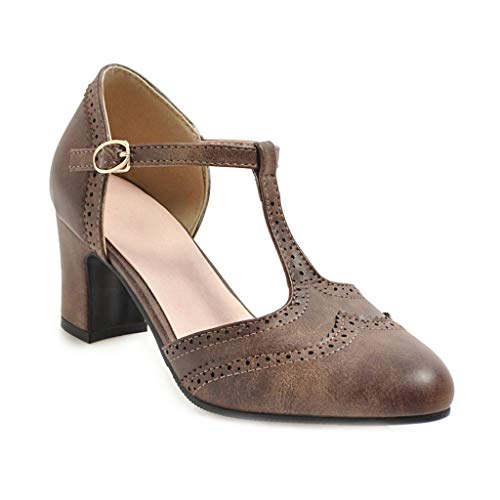 MIOKE Women's Classic T-Strap Mary Jane Pumps Round Toe Chunky Block Heel Retro Vintage Dress Oxford Shoes