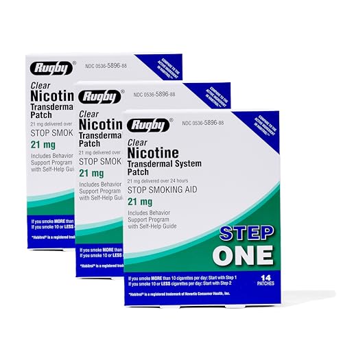 Rugby Clear Nicotine Patches - 21mg Transdermal System Patch - Smoking or Vaping Quitting Aid - Step 1-14 Count (3 Pack)