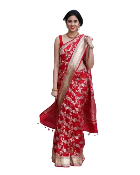 Image of Flosive Ayn Women's Present Banarasi Soft Lichi Silk Saree Beautiful Jacquard Rich Pallu Design Work Zari Woven Kanjivaram Silk Style Saree With Soft Lichi Silk Blouse Piece (White & Red)