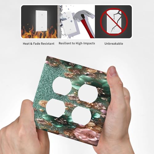 Decorative Outlet Covers Bling Green Rose Flowers Crystal Rhinestone Glitter 2 Gang Wall Plate Cover Double Duplex Receptacle Two Switch Light Switch Cover Plate Jumbo Dual Faceplate