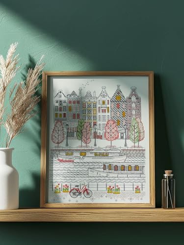 Image of RIOLIS - City on Water 2051, Blackwork Stitch Kits 9 inch x 11 inch, Blackwork Stitch Kits for Beginners & Advanced, Blackwork Kits Adult, Embroidery Kit