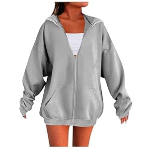 Couawaticy Zip Up Hoodie Women, Hoodies for Women UK, Ladies Jackets Full Zip Oversized Long Sleeve Sweatshirts Top Zipper Hooded Sweatshirt Lightweight Coat With Pockets