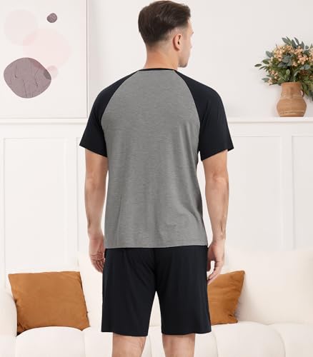 Image of NACHILA Pajamas Set for Men-Viscose Made from Bamboo,Short Sleeve Sleepwear Soft Pjs with Shorts Cool Loungewear Dark Heather Grey /Black L