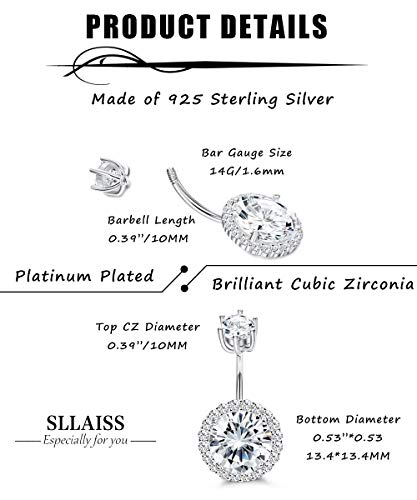 Sllaiss CZ Halo Belly Button Rings for Women 925 Sterling Silver 14G Belly Rings Round Cubic Zirconia Body Jewelry Curved Barbells Navel Rings 3/8" 10mm3