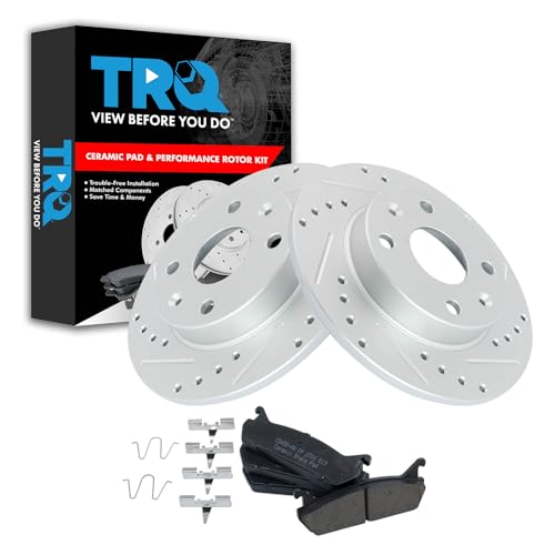 Image of TRQ Performance Rear Brake Pad and Rotor Set Ceramic Drilled Slotted G Coated Rotors Compatible with 1990-1993 Mazda Miata