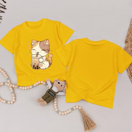Image of KEEVICI Cute Cat Shirts for Girls Graphic Tees Bubble Tea Tshirt Kids Kawaii Cartoon Animal Print T Shirt Summer Cotton Tops