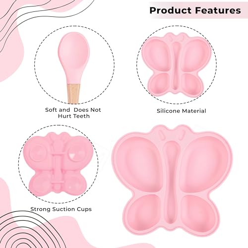 Image of Bembika Baby Feeding Essential Baby Dinner Set Silicone Tableware Set for Baby Infant Training Eating Utensils Butterfly Design - (Pack of 2)(Baby Pink)