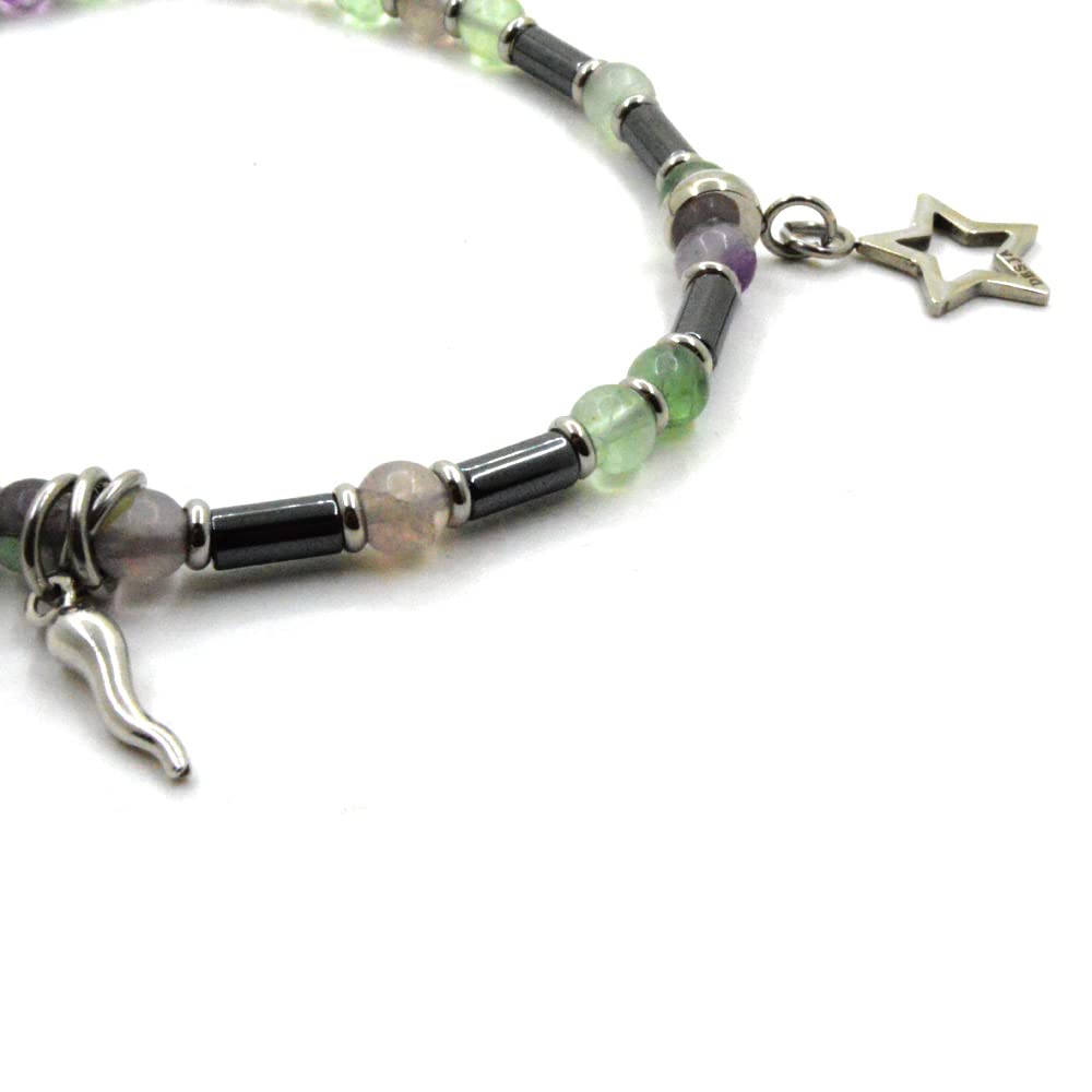 Cavigliera pietra dura naturale Fluorite con corno in argento 925 e ciondoli Stella in acciaio