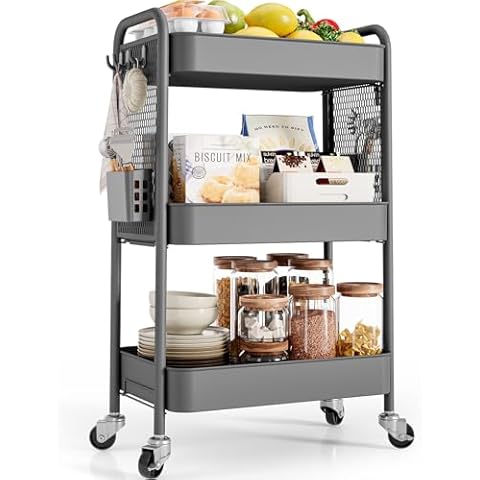 TOOLF Rolling Carts with Wheels, 3 Tier Rolling Utility Cart, Metal Storage Organizer with Pegboard Hooks Bins for Bathroom Kitchen Storage, Three Tier Cart for Book Diaper & Craft Art Supplies, Grey Cover