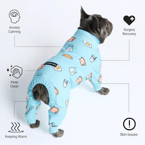 Image of Spark Paws Dog Pajama, Dog Recovery Suit Male, Onesie, Ultra-Soft and 4-Way Stretch, for Small Medium and Large Breeds - Breakfast Blue - 3XL