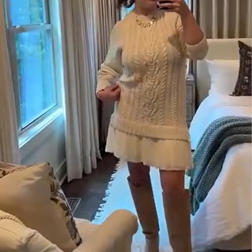 Women Crewneck Cable Knit Sweater Mini Dress 2 Piece Set 2025 A-line Twofer Long Sleeve Pleated Casual Fall Winter4