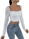 SheIn Damen Crop T-Shirt Bauchfrei Croptops Rüschen Langarmshirts Herbst Slim Oberteile mit Eckigem Ausschnitt Weiß S