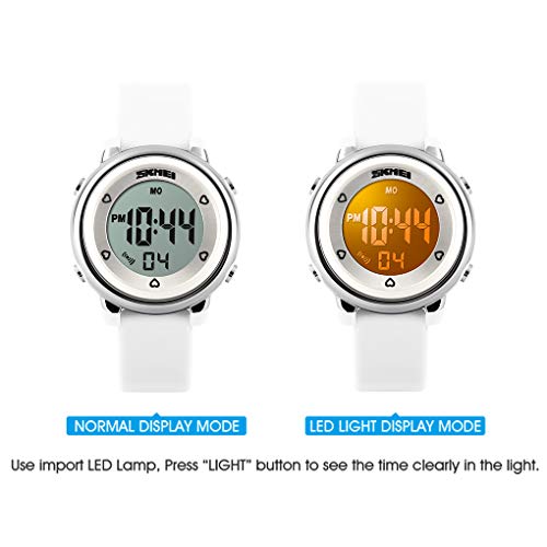 Skmei Kids Digital Watch, Waterproof Boys Girls Colorful LED Light Watches Childern Wristwatches with Stopwatch (White)