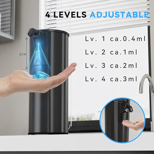 Image of Automatic Soap Dispenser Touchless 11.8oz /350ml Four-Level Adjustable Dispenser Volume，Stainless Steel Material,Battery Powered for Wide Compatibility in Kitchen, Bathroom, Hotel & Office(Black)