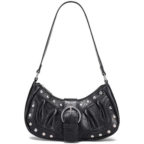 HIYOLALA Y2K Bolsa de ombro pequena para mulheres com rebites estilo punk gótico grunge emo bolsa, Balck, Small, Bolsa de ombro pequena