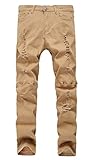 Men's Khaki Zipper Ripped Distressed Destroyed Skinny Fit Jeans with Holes, 36