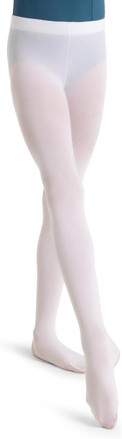 Capezio Girls' Ultra Soft Self Knit Waistband Tight,White, One Size (8-12)