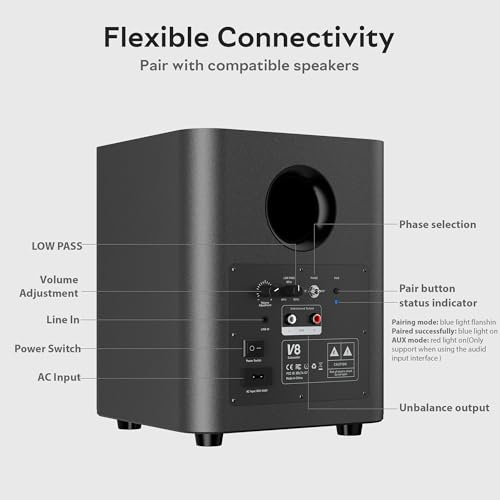 Image of OHAYO 60W Down-Firing Powered Subwoofer, Active Subwoofer with Built-in Class D Digital Amplifier, Deep Bass, Vibration Dampening Feet, Compact Wooden Enclosure for Home & Gaming & Studio Audio, Gray