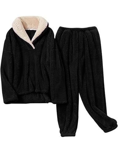 Image of Mens Fluffy Coral Fleece Pajamas Set Pullover Pants Loose Plush Warm Loungewear Sleepwear