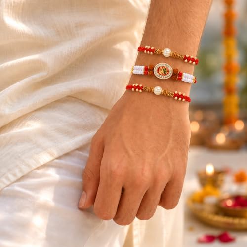 Image of Peora Rakhshabandhan Thread Rakhi for Brother Bhaiya | Crystals & Kundan Studded | Combo, Set of 3 | Rakhi Hamper with Roli Chawal & Greeting Card
