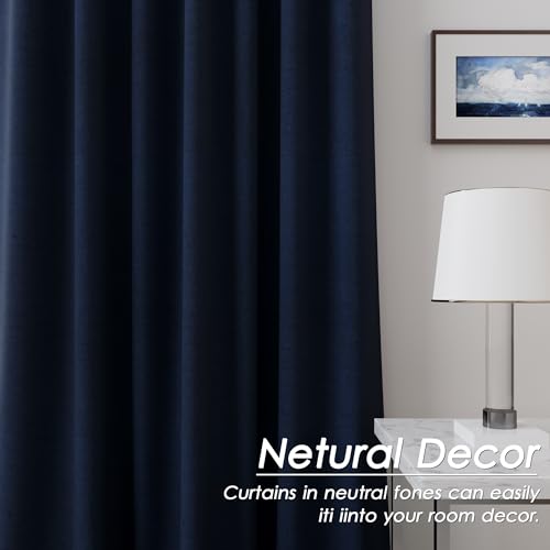 Image of Navy Blue 100% Blackout Linen Curtains for Bedroom 45 Inches Long Back Tab Thermal Insulated Modern Luxury Nautical Decor Black Out Curtain for Living Room Dining Room Drapes 52x45, 2 Panels