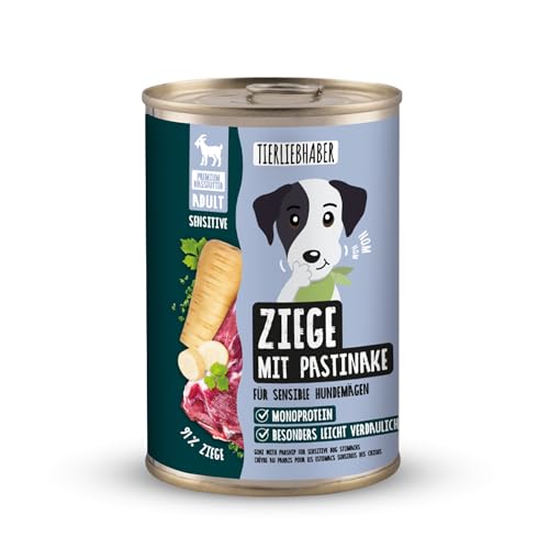 TIERLIEBHABER – Hundefutter Nass 400g Ziege mit Pastinake – Von Tierärzten entwickelt – Nassfutter Hund mit 91% Fleischanteil – Dog Food als Hundenassfutter 400g Dosen